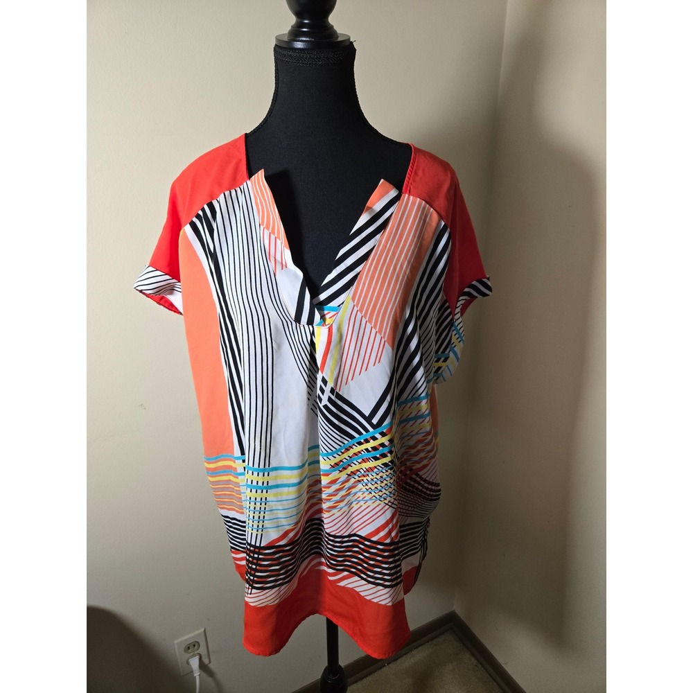 Dana Buchman Blouse Womens Large Orange Excellent Geometric Abstract Split Neck